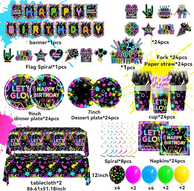 Neon Party Supplies Serves 24,Glow in The Dark Themed Tableware Including Plates,Napkins,Banner,Tablecloths Neon Birthday Party Decorations for Let's Glow Baby Shower Birthday Favors