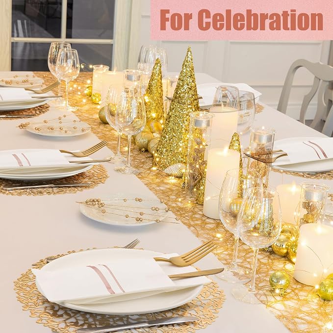 Roshtia 100 Pack Dinner Napkins Disposable Linen Feel Dinner Napkins with Built-in Flatware Pocket Gold Trim Lined Pre Folded Paper for Wedding Party (White,Rose Gold)