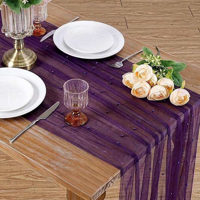 Pearl Gauze Table Runner Tulle Fabric: 10ft Seasonal Dessert Chiffon Pearl Lace Boho Overlay Wedding Veil Outdoor Wedding Aisle Runner Party Decorations Doilies, Light Yellow