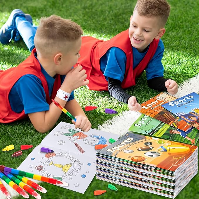 BenLouis 24 Sports Mini Coloring Books Kids with 24 Stacking Crayons Sports Party Favors Activity Books Bulk for Kids Boys Sports Birthday Goodie Bag Gift Stuffer Classroom Reward