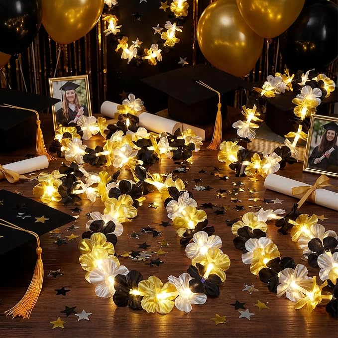 Sherr 48 Pcs Graduation LED Hawaiian Leis Class of 2026 Light Up Flower Leis Necklace with LED Lights Black Gold Silver Luau Flowers Necklaces for Graduation Party Decoration Supplies