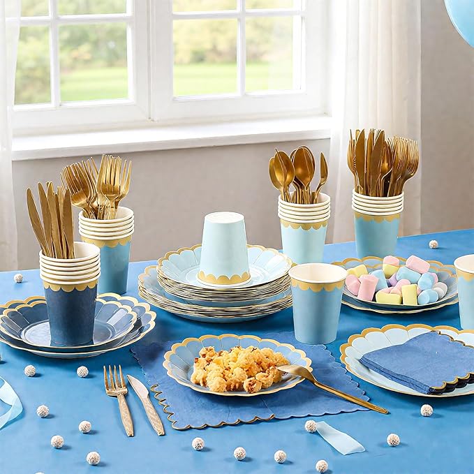 Mimorou 169 Pcs Dusty Blue Plates and Napkins Party Supplies for Guests Blue Tableware Include Scalloped Plates Paper Napkin Cup Spoon Fork Knife for Baby Shower, Wedding, Birthday