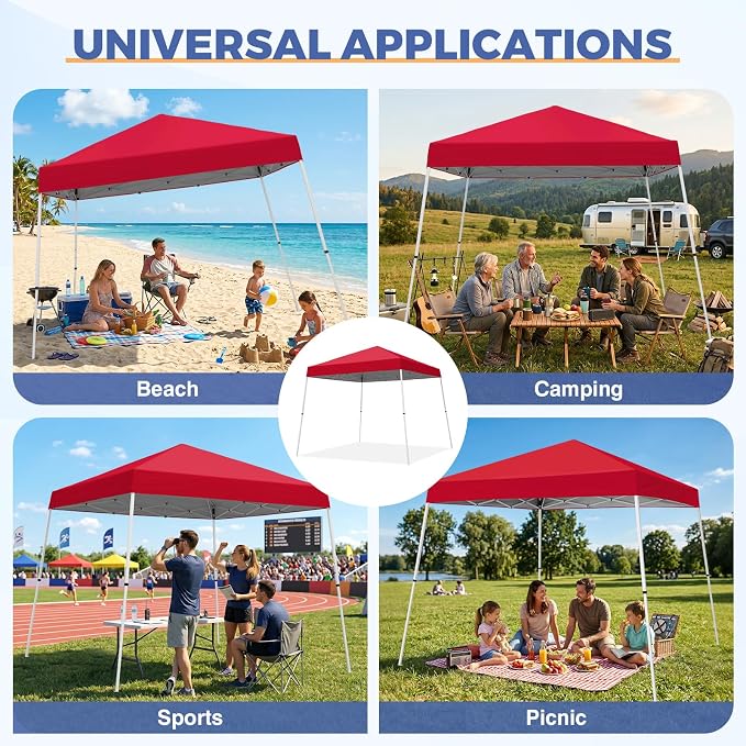COOS BAY 10x10 Pop Up Canopy Tent, Portable Outdoor Shelter with Carry Bag for Tailgate, Party, Beach, Picnic, and Camping, 10x10 Base 8x8 Top, Red