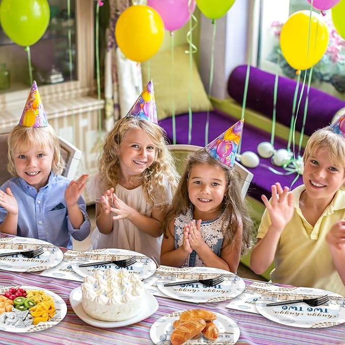 96Pcs Chugga Chugga Two Two Birthday Party Supplies Watercolor Train 2nd Year Old Paper Plates and Napkins Choo Choo I'm 2 Tableware Disposable Dessert Dinnerware Set for Birthday Decor for 24 Guests