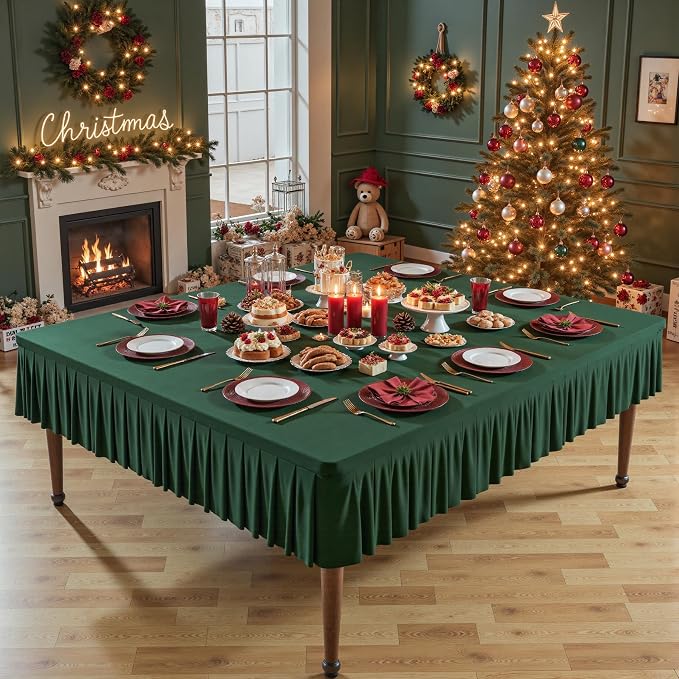 Wish Care Hunter Green Spandex Tablecloths for 60x60 Inch Square Tables, Stretch Fitted Table Clothes with Pleated Ruffle Skirt for 60” Table, Wrinkle Free and Elastic, for Party Kitchen Home Dining