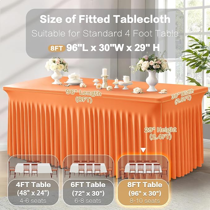 Shillance 6 Packs Orange Spandex Tableclothes for 8 Foot Rectangle Table, Spandex Table Covers 8FT Stretch Table Skirts Rectangle Wrinkle Free Fitted Tablecover for Event, Wedding, Banquet & Parties