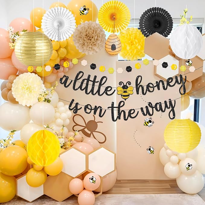 Kriyokiaa Bee Baby Shower Decorations 15 Pcs Honey Bee Baby Shower Decorations with A Little Honey is On The Way Banner, Paper Lantern Fans, Pom Poms, Honeycomb Ball for Bumblebee Party Decor
