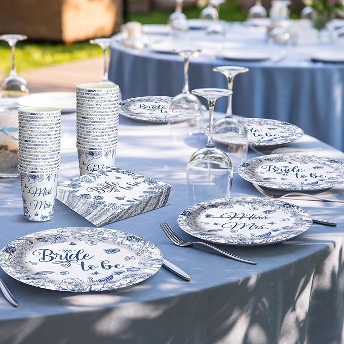 Zhehao 250 Pcs Bridal Shower Decorations Bride to Be Bridal Shower Plates Napkins Sets 50 Pcs 9'' Dinner Plates and 7'' Dessert Plate and 9oz Cups 100 Napkins Serves 50 Engagement Supplies
