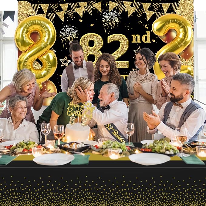 82nd Birthday Decorations Men Women with Banner, Black and Gold Table Cloth, Number Balloons, Sash, Cake Topper and Candles