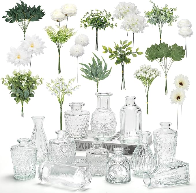 FoldTier 108 Pcs Artificial Flowers in Vase 96 Pcs Faux Greenery Stem Table Centerpiece Fake Plants Silk Roses Arrangement 12 Pcs Glass Vase Sets for Wedding Bathroom Home Dining Decor(Clear)