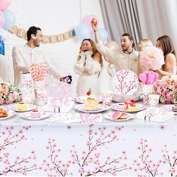 Funnymoom 452 Pcs Cherry Blossom Party Decorations Supplies Include Cherry Blossom Paper Plates Napkins Cups Tablecloth Cutlery Straws for Baby Shower Birthday Bridal Shower Wedding Party
