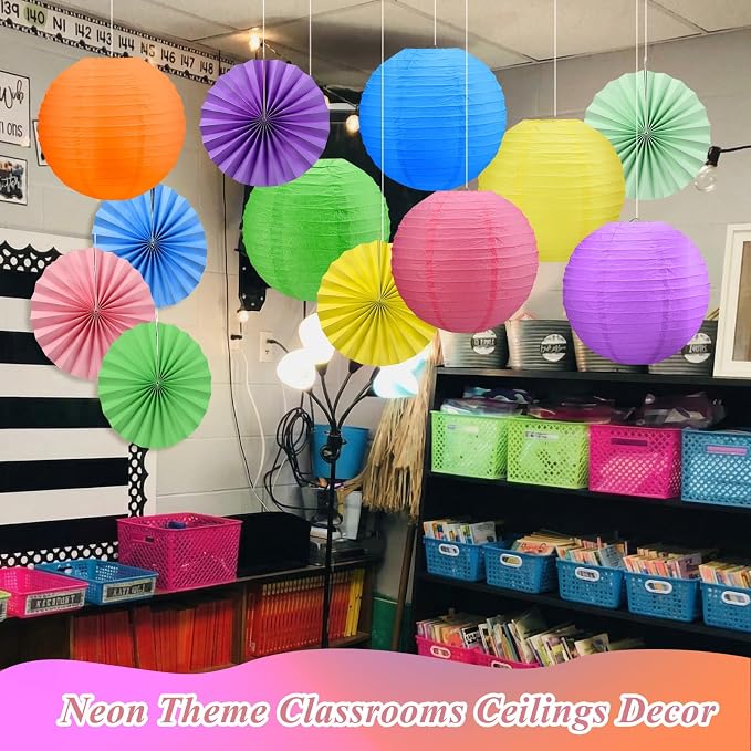 Flutesan 12 Pcs Illumination Neon Decorations for VBS Classroom Hanging Decor Neon Paper Lanterns and Paper Fans for Back to School Party Classroom Office Ceilings Decor Supplies