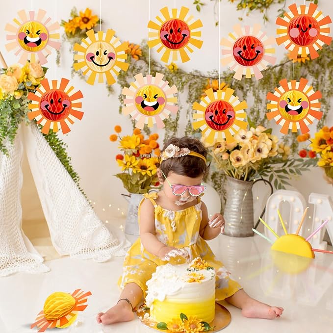 Paper Jazz First Trip Around The Sun Deorations,12pcs Sunshine Birthday Decorations,Boho Themed Party Decorations,Sun Birthday Party Hanging Pom Poms Honeycomb for Hippie Retro and Baby Shower.