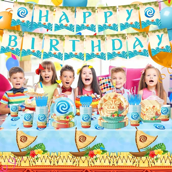 170PCS Tropical Birthday Party Decorations Set - Hawaiian Luau Tableware Set with Plates, Cups, Napkins, Cutlery, Tablecloth & Banner for Ocean Princess Party Supplies, Serves 24 Guests