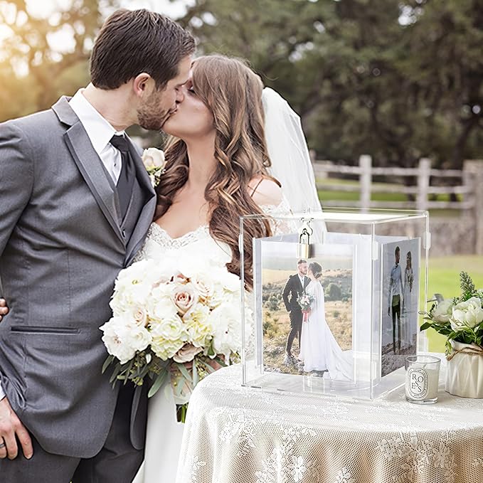 Acrylic Wedding Card Box with Picture Frame, Clear Gift Card Box for Wedding Reception, Large Rotatable Money Envelope Card Box Holder with Lock for Graduation Party Birthday Baby Shower