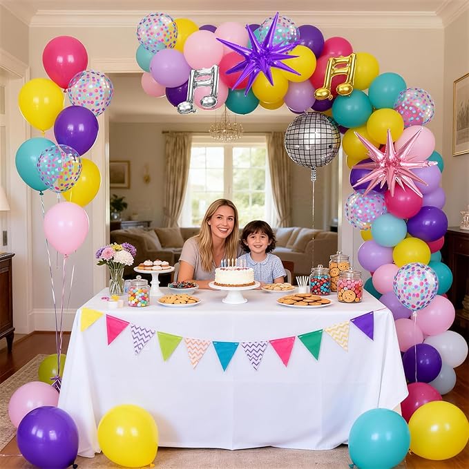 KPOP Music Theme Balloon Garland Arch Kit, 119Pcs Rainbow Colorful Balloon & Retro Disco Ball Musical Note Explosion Star Foil Balloons for K-Pop Party 90s 80s Disco Hip Hop Birthday Decor Supplies
