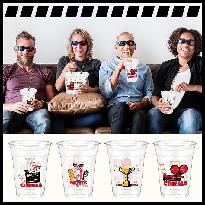 FoldTier 50 Pcs Movie Night Cups 12 oz Disposable Plastic Cups with Straws and Lids Cinema Clear mug Birthday mugs Supplies Birthday Table Decorations Party Favor