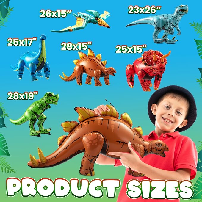 6-Pcs Inflatable Dinosaur Birthday Party Decorations - Large Blow-Up Dino Toys for Kids (20-26”) Dinos for Boys or Girls - Self-Standing Vinyl Balloons for Jurassic Theme Party & Pool Floats