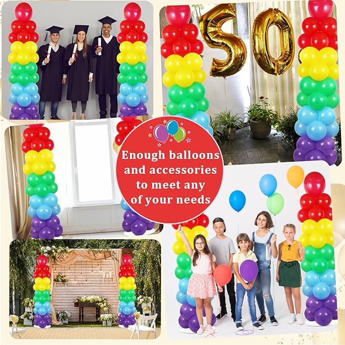 2 Sets Rainbow Balloon Column Stand Kit with 100 Graduation Adjustable Balloons Tower Stand with Bases for Floor Assorted Colors Column for Spring Mother's Day Birthday Wedding Party Decor