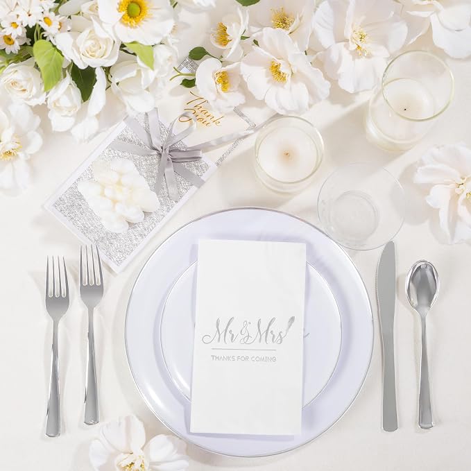 175 Mr and Mrs Silver Wedding Plastic Plates and Napkins Set,Bridal Shower Plates Set for 25 Guests Include 25Dinner Platos,25Dessert Platos,25Cups,25Napkins,25Gold Cutlery for Engagement Party Decor