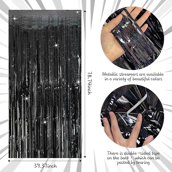 Tinsel Curtain Backdrop Black Birthday & Wedding Decorations 2 Packs Glitter Foil Fringe Curtain Decor Streamers Photo Booth for Christmas & Halloween