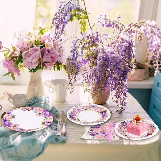 Grencian 96Pcs Spring Floral Party Supplies Pink Purple Flowers Paper Plates and Napkins Disposable Spring Floral Tableware Set for Tea Party Wedding Bridal Shower Baby Shower, Serves 24