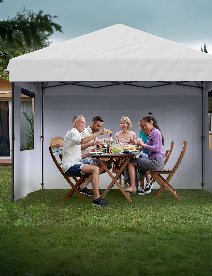 GAOMON 10'x10' Pop Up Canopy Tent with 4Pcs Sidewalls, Portable Instant Commercial Canopy with 4 Stakes, 4 Ropes, 4 Sandbags for Farmers' Market, Patio, Outdoor, Camping, White