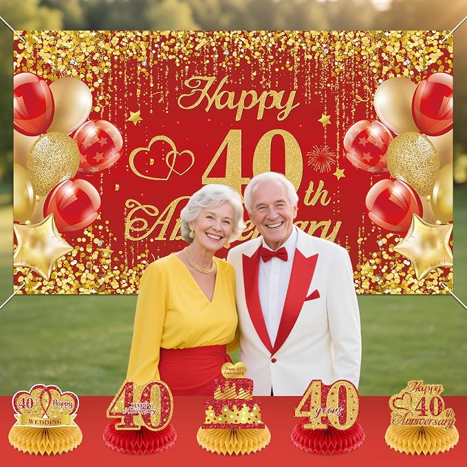 Red Gold 40th Wedding Anniversary Decorations Banner, 40th Anniversary Table Centerpieces Hanging Swirls Tissue Pompoms Foil Balloon for 40 Years Wedding Party Decoration Supplies
