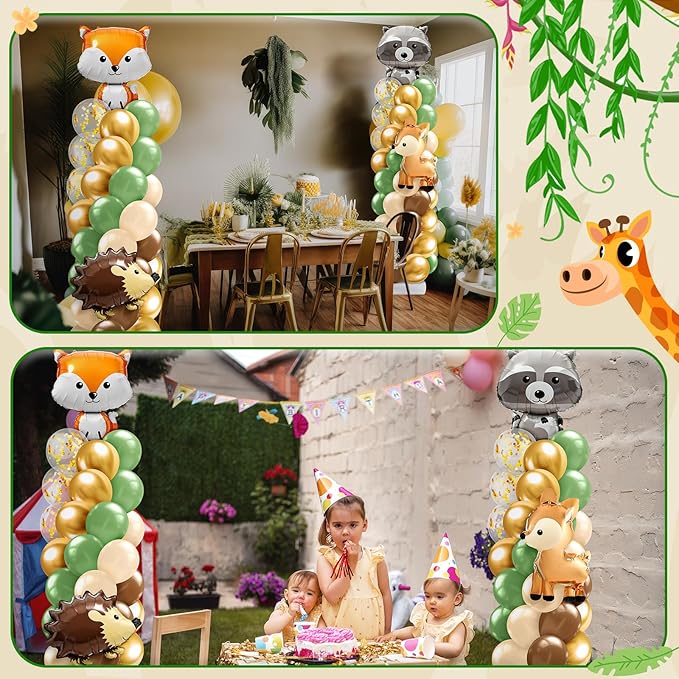 2 Sets Woodland Animals Baby Shower Balloon Column Stand Kit Sage Green and Brown Balloon Arch Garland Kit for Birthday Party Neutral Forest Gender Reveal Cartoon Baby Shower Decoration