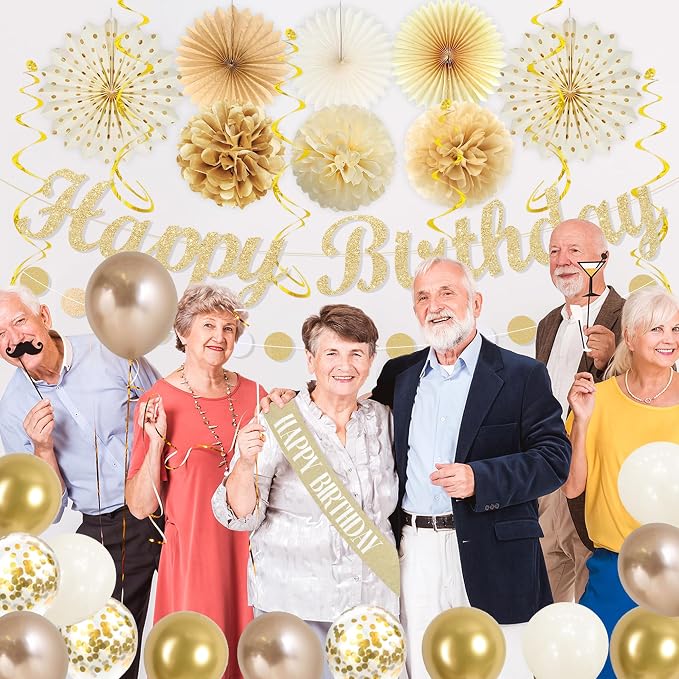 Vlipoeasn Champagne Gold Birthday Party Decorations Set, Happy Birthday Banner Cake Topper Paper Fans Pompoms Latex Balloons Kit, Party Supplies for Women Men Adults Kids Indoor Backdrop Decor
