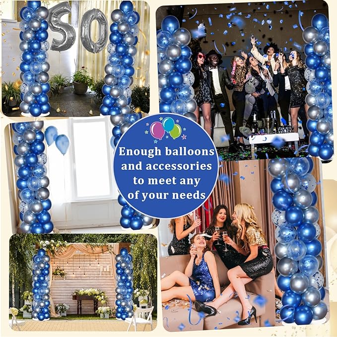 2 Sets Navy Blue and Silver Balloon Column Stand Kit with 100 Balloons Adjustable Balloon Tower Stand with Bases for Floor Confetti Balloon Column Kit for Graduation Birthday Appreciation Party Decor