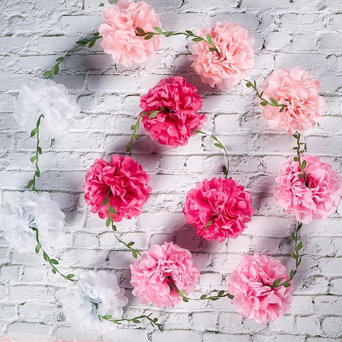 Gradient Pink Tissue Paper Pom Pom Garlands, Paper Flowers for Birthday Decorations, Baby Shower, Wedding Engagement, Bridal Shower, Spring Summer Party Decorations, 2 Pcs