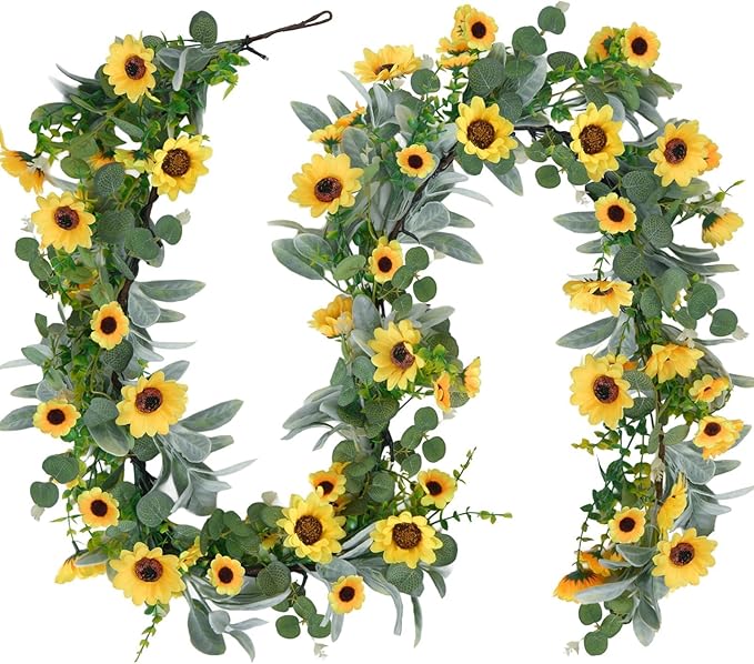7.5FT Artificial Sunflower Garland with 30 Lights Silk Sunflower Vine Fake Flowers Summer Garland Prelit Lights for Mantle Baby Shower Wedding Arch Front Door Porch Staircase Decor (1 Pcs)