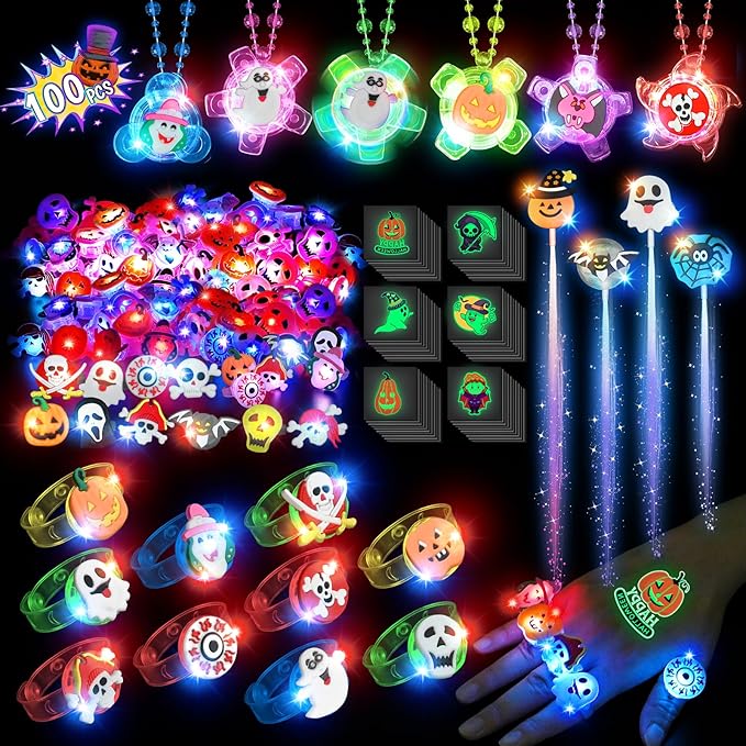 ShyLizard 100Pcs Halloween Party Favors for Kids-Halloween Glow in the Dark Party Supplies,Halloween Light Up Necklace Flash Rings,Non-Candy Trick or Treat Goodie Bag Fillers,Classroom Favors Gifts