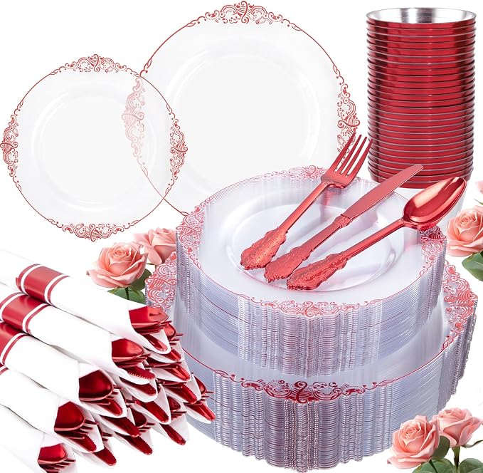 Hioasis 350pcs Clear and Red Plates - Red Party Plates for 50 Guest, Include 100 Heavy-duty Plates(20% Thicker Than Standard), 50 Pre Rolled Gold Plastic Silverware Set, 50 Cups
