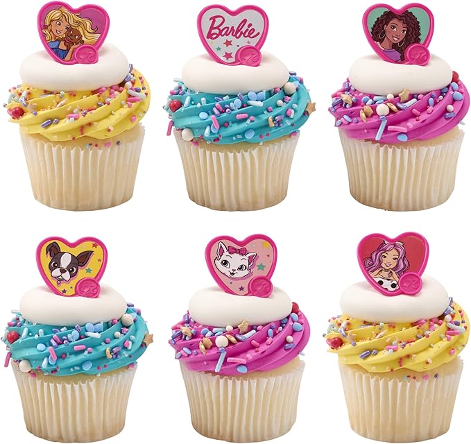 DecoPac Barbie Be The Future Rings, Pink Heart Shaped Cupcake Decorations Featuring Barbie and her Friends For Birthday Party And Celebrations - 24 Pack
