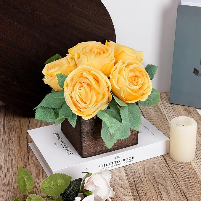 Dining Table Centerpiece Set of 6 - Pre-Made Aritifial Rose with Wooden Vase Fake Floral Arrangment Faux Flower for Wedding Bridal Tea Party Event Decorations - Dark Yellow