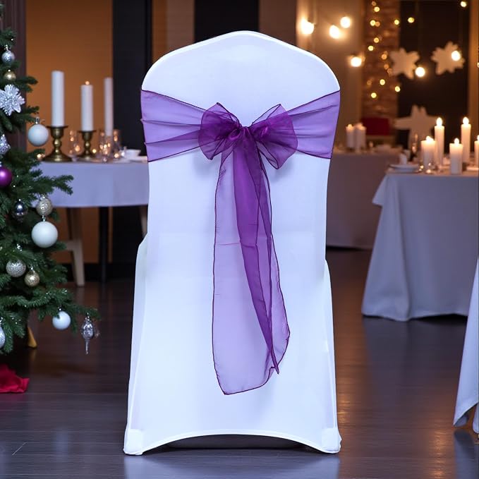 MDS® Pack of 10 Organza Chair Sashes for Wedding Decoration, Reusable Sheer Chair Bows for Banquet Chair Cover, Reception, Bridal Shower, Baby Shower, Birthday Party & Special Events - Dark Purple