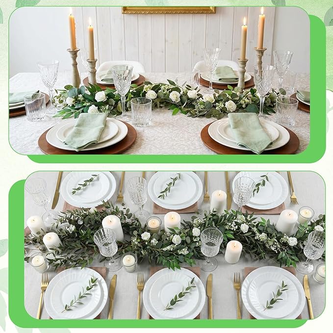 2 Pack Garland Set, 6 ft Artificial White Rose Eucalyptus Garland with Willow Leaf Vine, Summer Garland Faux Greenery Decor for Wedding Arch, Table and Home Decoration