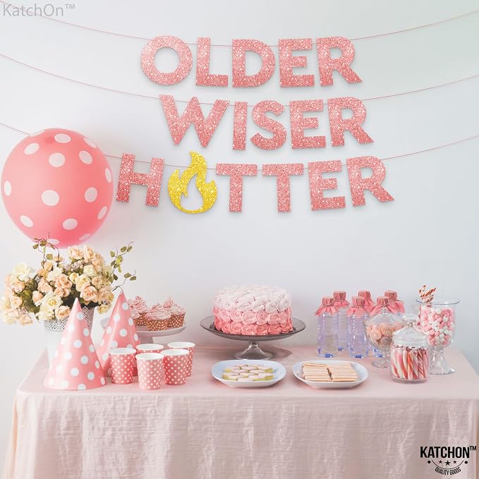 KatchOn, Glitter Older Wiser Hotter Banner - No DIY, 10 Feet | Rose Gold Birthday Banner, Birthday Decorations For Adult Women | 30th 40th 60th 70th 50th Birthday Decorations Sign