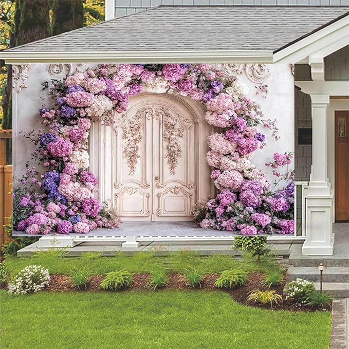 7X5ft Flower Backdrop Purple Floral Arch Retro Door Photography Backdrops Modern Interior European Style Wall Decoration Wedding Portrait Background Studio Photo Booth Props