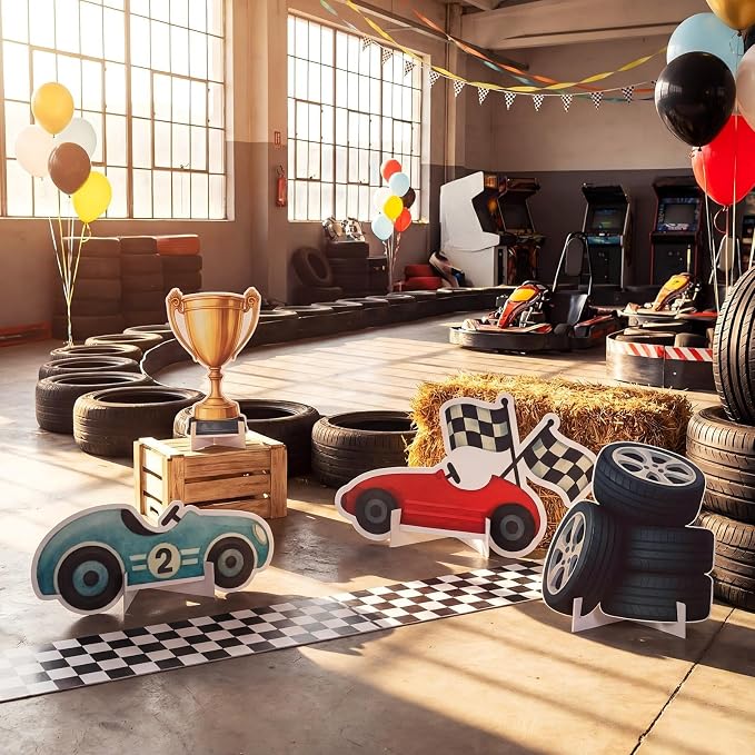 Honoson 4 Pcs Large 30" Racing Car Cardboard Cutouts Standup, Race Car Birthday Party Decorations Check Flag Trophy Tire Photo Booth Props for Photography Backdrop Baby Shower Party Supplies Yard Sign
