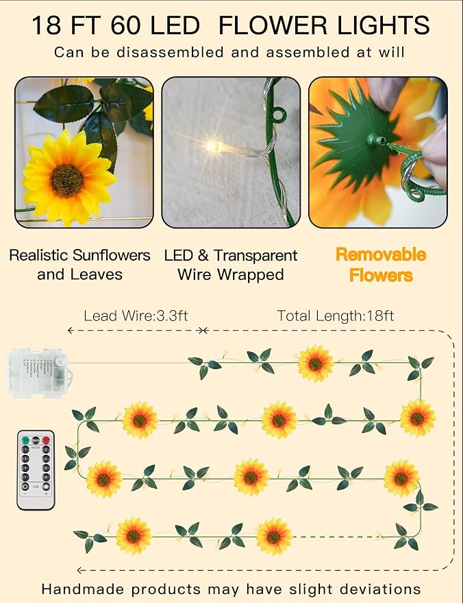 suddus Artificial Sunflower Garland with 60 LED Fairy Lights, Vines with String Lights Battery Operated, Flower Hanging Lights for Indoor, Outdoor, Bedroom, Wedding, Wall, Party (Warm White)