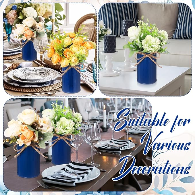Rustic Vase for Table Centerpieces 4.33 Inch Small Petite Flower Vase with Twine Bow Vintage Farmhouse Decor for Wedding Reception Dining, Home Galvanized Metal Buckets(Dark Blue,12 Pcs)