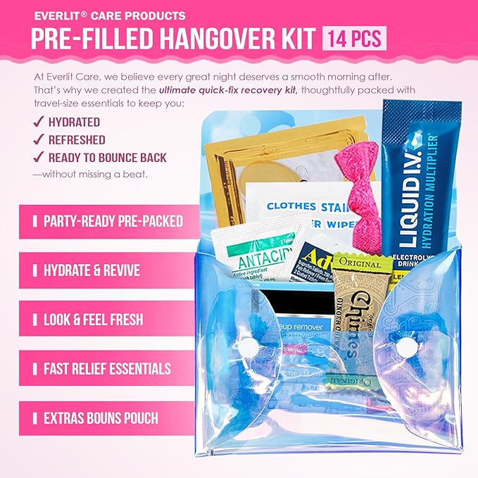 EVERLIT CARE Hangover Kit 5 PACK Pre Filled Party Favors, Goodie Bags, Gift for Bachelorette, Wedding, 21st Birthday Gift, Girls Trip Recovery Kits & First aid Supplies for Parties and Events