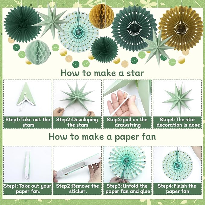 ADLKGG Sage Green Gold Party Decorations - Hanging Paper Fans Honeycomb Balls & Star Decor for Graduation, Gender Neutral Woodland Baby Shower, Bridal Shower, Birthday & Boho Wedding Photo Backdrop