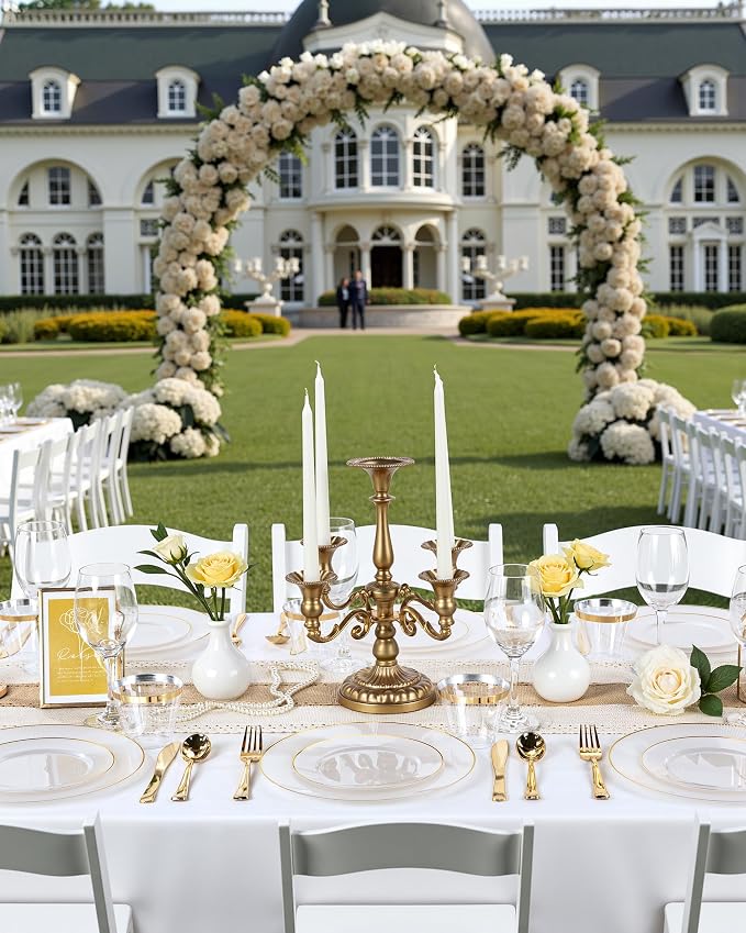 Hioasis 60pcs White and Gold Plastic Plates - White Disposable Dinnerware Set, 30pcs Dinner 10in & 30pcs Dessert 7in Plates with Striped Designs for Party & Wedding