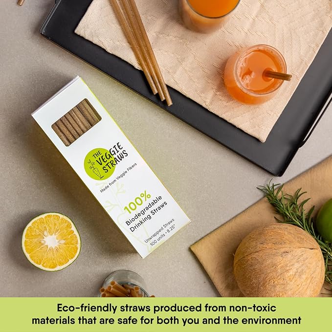 The Veggie Straws – 100 PCS of 8.25 Inches Unwrapped Biodegradable Straws – Made of Vegetable Fibers, Best Environment Friendly Drinking Straws for Hot and Cold Beverages
