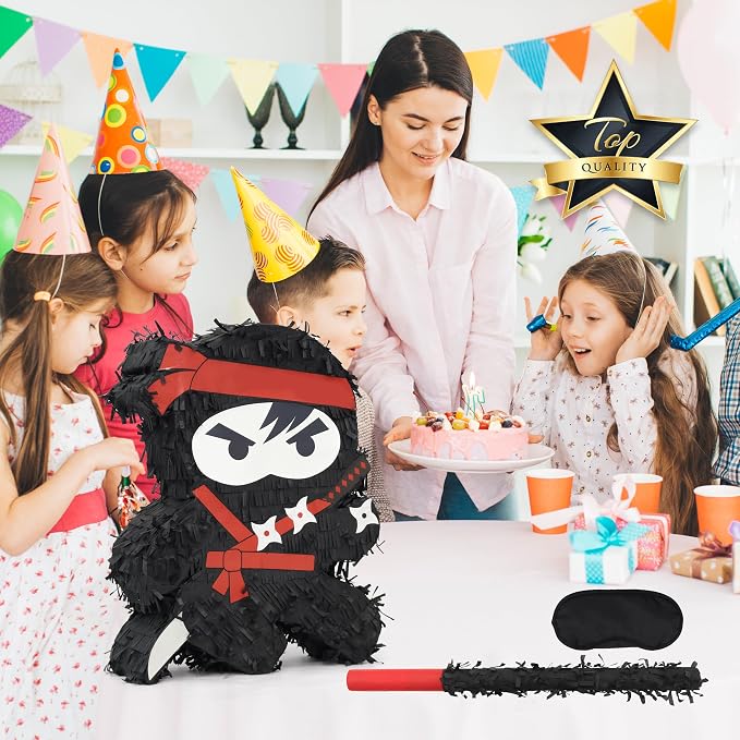 Ninja Pinatas Bundle with a Blindfold and Bat (16.5x12.6x4 Inches), Perfect for Birthday Parties, Theme Parties for boys, Decorations
