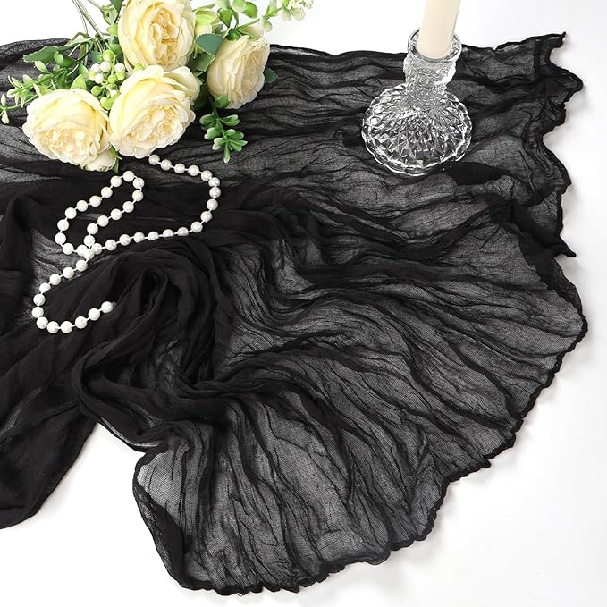 6 Pack Black Table Runner Cheesecloth 10Ft Gauze Cheese Cloth Table Runner 35x120 Inch Boho Sheer Rustic Fabric for Holiday Party Decor Baby Shower Wedding Home Decorations